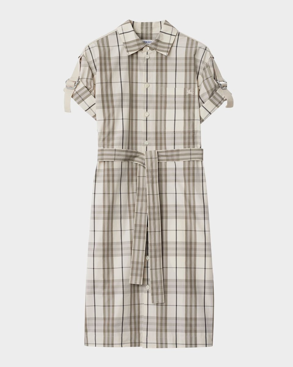 Check Buckle Short-Sleeve Shirtdress